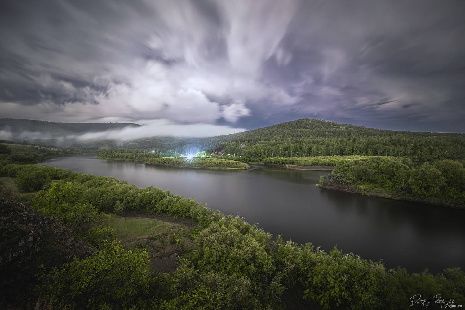 река, лес, сопка, туман, тучи, облака, лето, ночь, фонарь, забайкальский край, чита, забайкалье, длинная выдержка, Портных Дмитрий