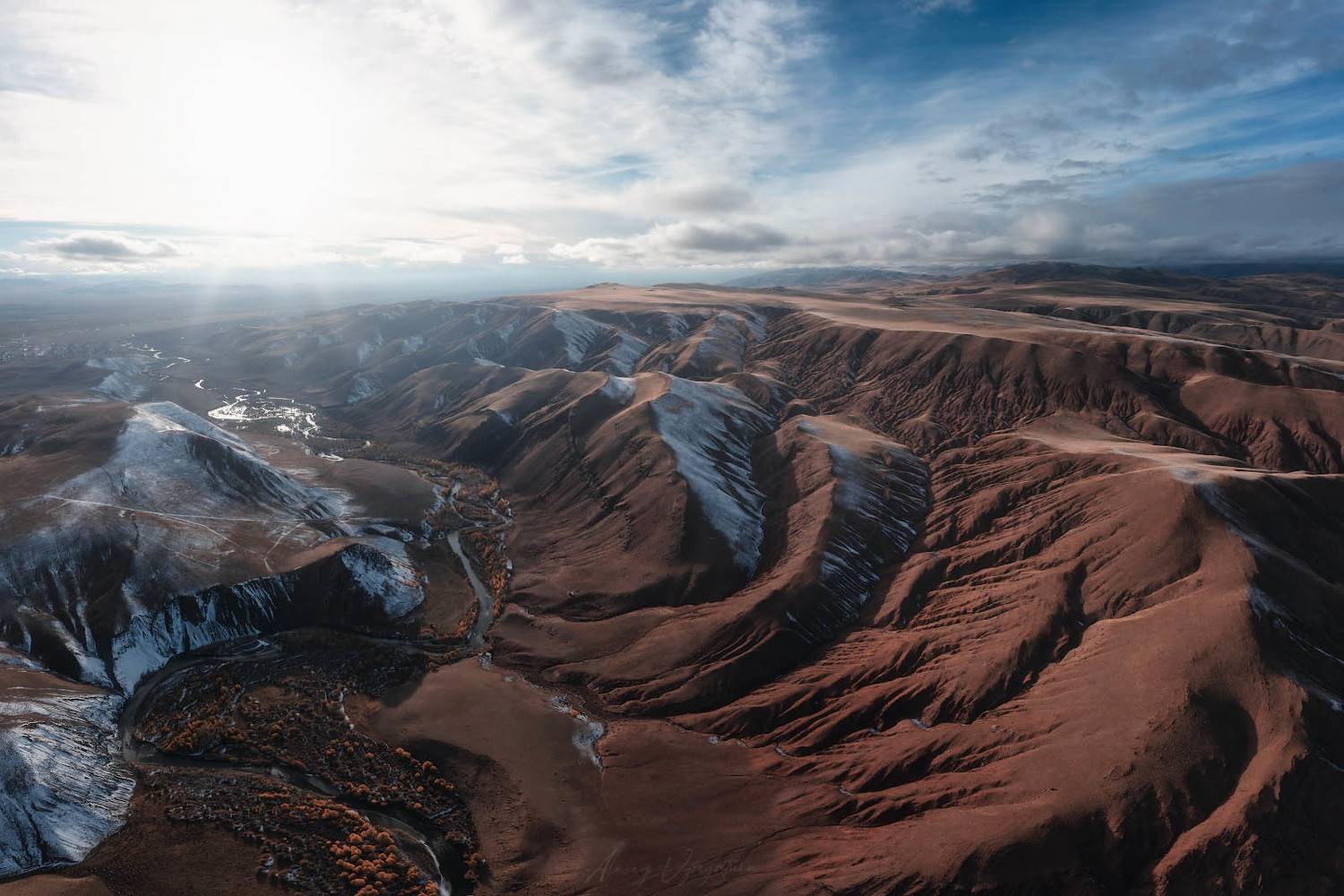 altay, drone, landscape, topview, autumn, snow, sun, Алексей Вымятнин