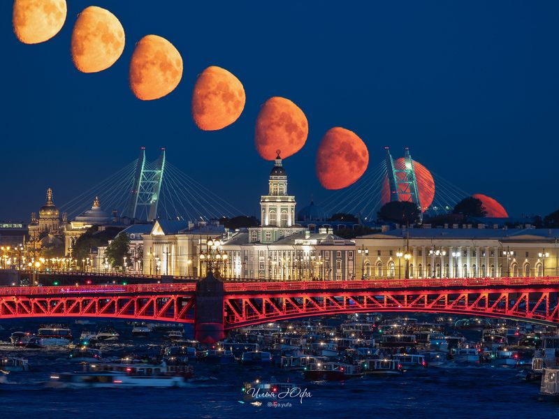 луна, секвенция, санкт-петербург, город, ночь, мост Секвенция захода Луны фото превью
