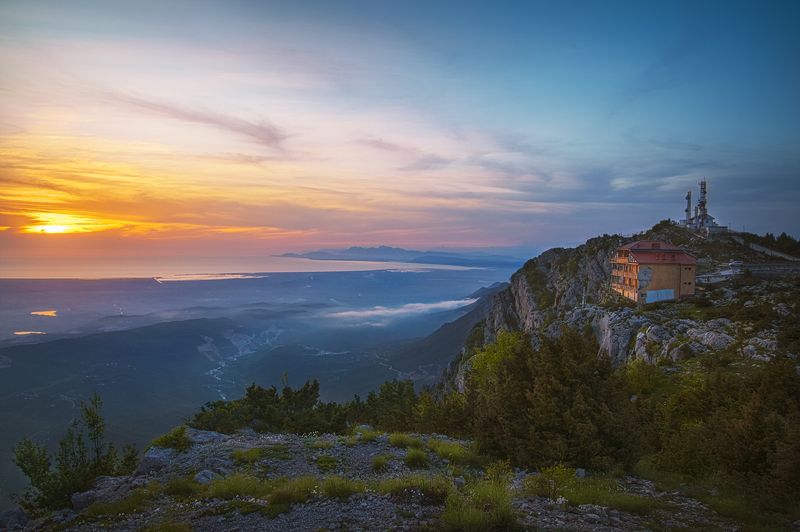 mountain, sunset, building, sun, landscape, Albania, Tirana, Dajti, National park Sunset in Dajti mountain, Albania  фото превью