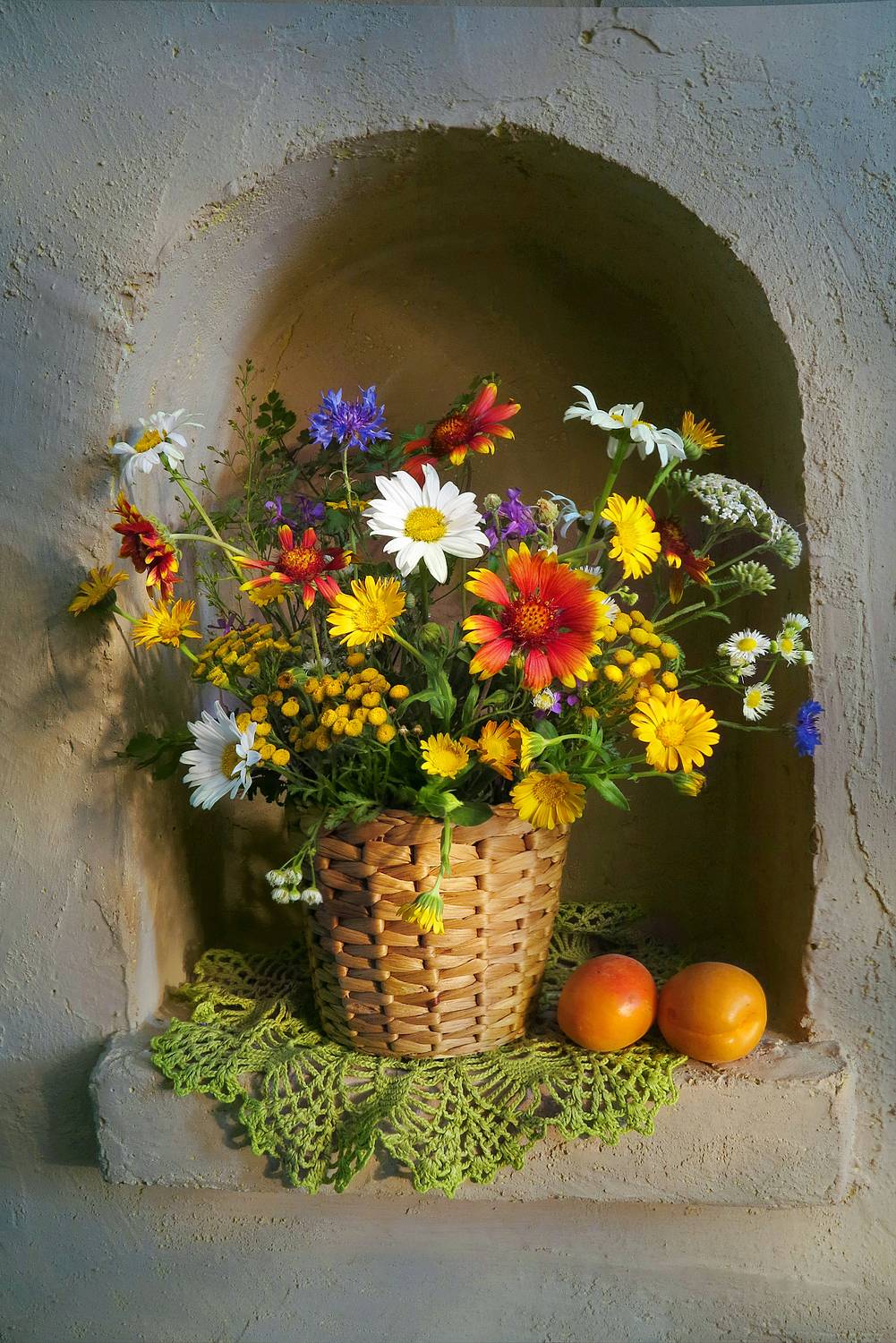 натюрморт,лето,ниша,цветы,абрикосы,салфетка, Алла Шевченко