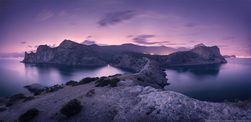 Пейзаж, горы, море, закат, ночь, сумерки, небо, скалы, вода, Новый Свет, Крым, облака, панорама Летние сумерки в Новом Свете фото превью