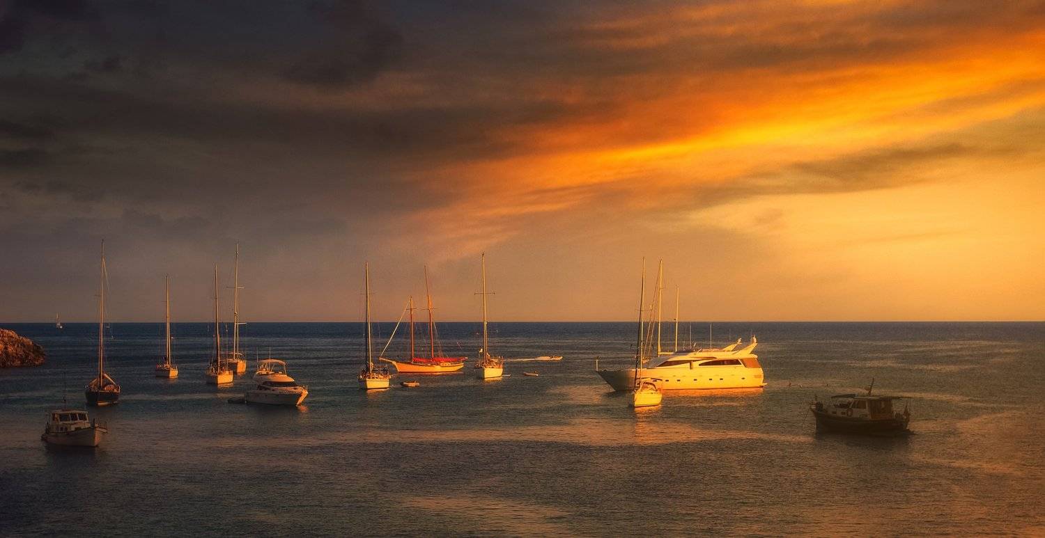 Menorca, Закат, Море, Яхта, Сергей Нестеров