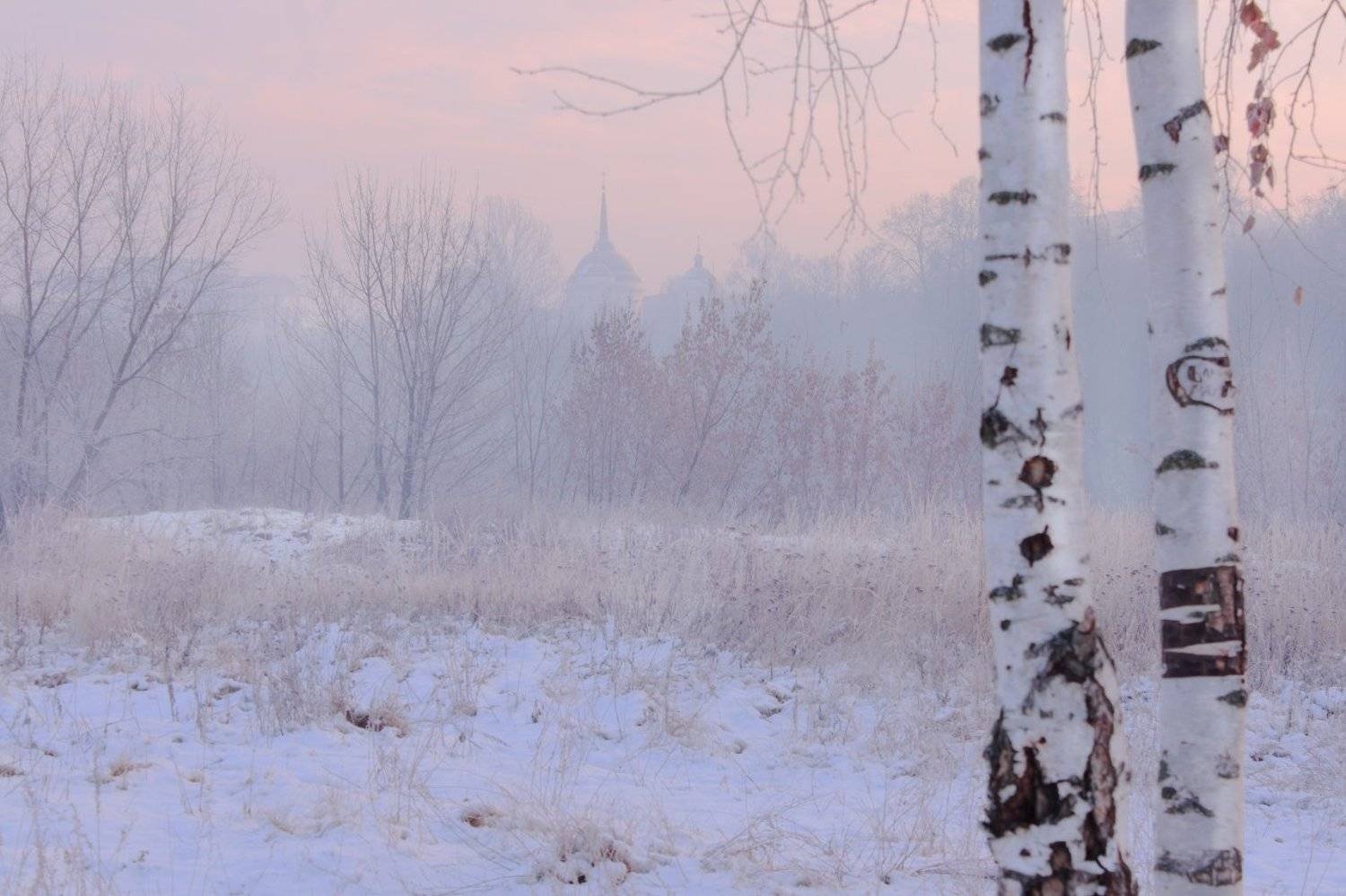 Берёзы, Зима, Мгла, Рассвет, Туман, Утро, Храм, Виктор Климкин