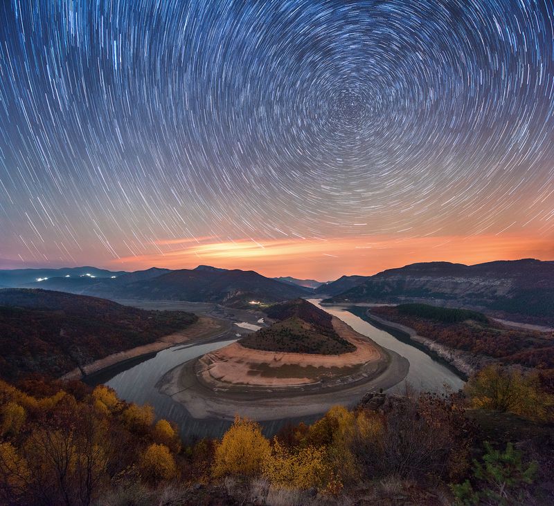 landscape, nature, meander, sky, bulgaria, night, river, stars, startrails, curves, circles,  Rhodope Meander: face 2 фото превью