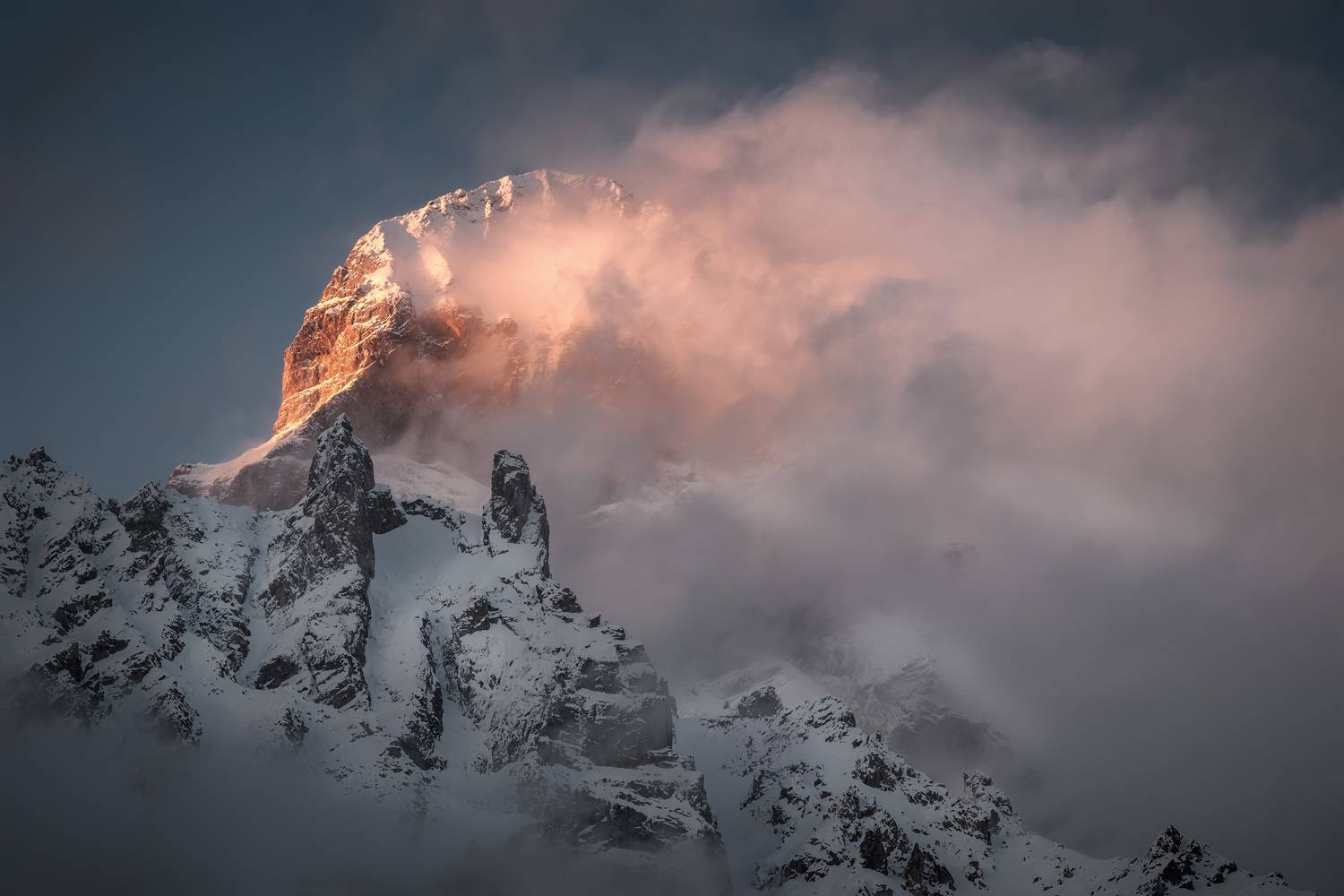 svaneti, mountain, ushba, pinnacle, morning, clouds, whirlwinds, sky, rocks, high, nature, landscape, scenery, travel, outdoors, georgia, sakartvelo, chizh, Чиж Андрей