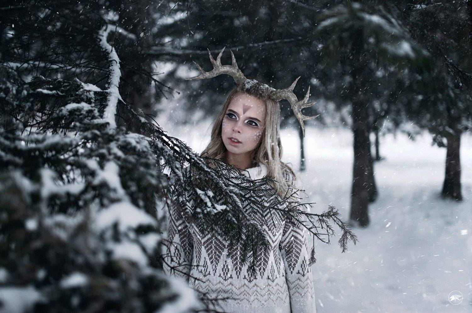 sigma, art, 1ds3, девушка, мороз, снег, ветви, деревья, ель, лес, сугробы, снежный, рога, макияж, сказка, Роман Золотой