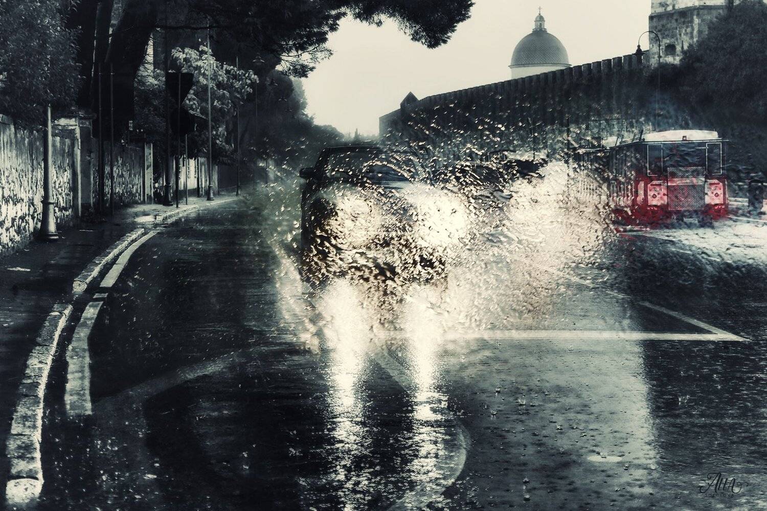 Вечер, Дождь, Дорога, Капли, Машины, Мокро, Пиза, Туризм, Фары, ALLA SOKOLOVA