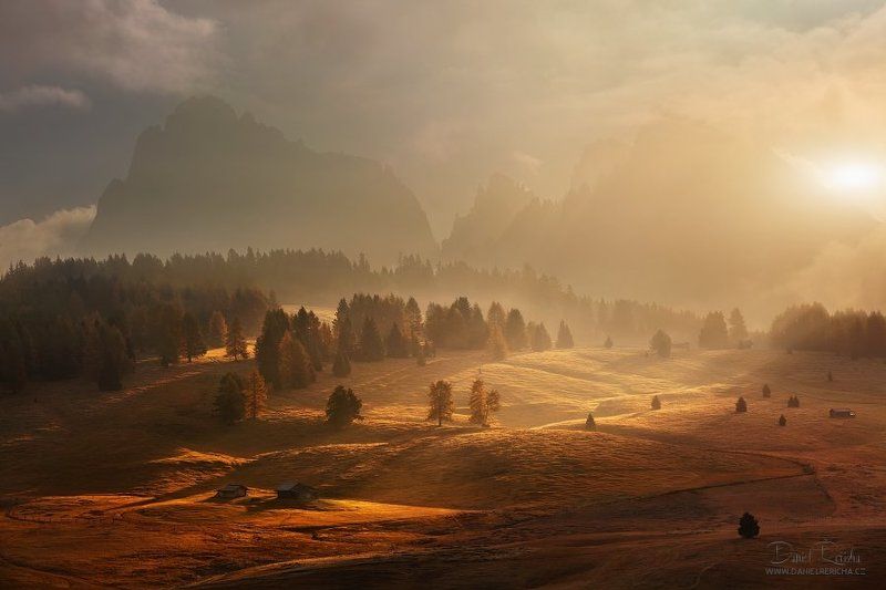 Alpe di siusi, Alps, Alta Badia, Autumn, Autumn colors, Clouds, Dolomites, Fog, Mist, Morning, Morning colors, Morning light, Mountains, Roks, Saiser Alm, Sassolungo, Sky, Sun\'s rays, Sunrise, Trees Morning on alpine meadow фото превью