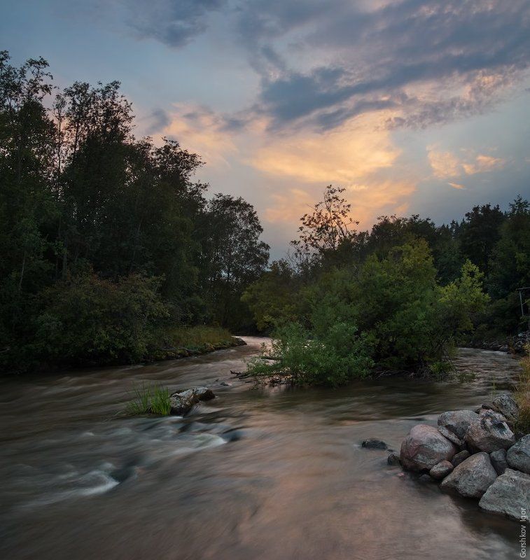 закат, камни, карелия, ладога, лес, лето, небо, облака, панорама, пейзаж, пороги, река Закат на Асиланйоки фото превью