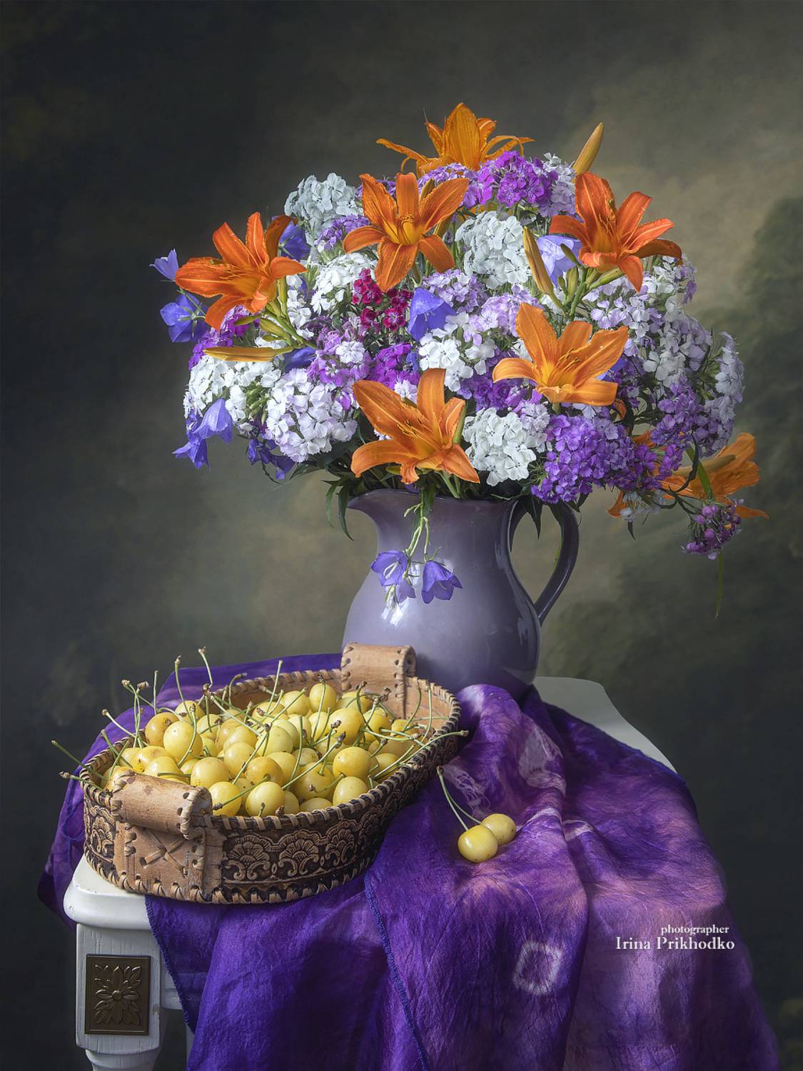 натюрморт, цветы, букеты, фрукты, черешня, Приходько Ирина