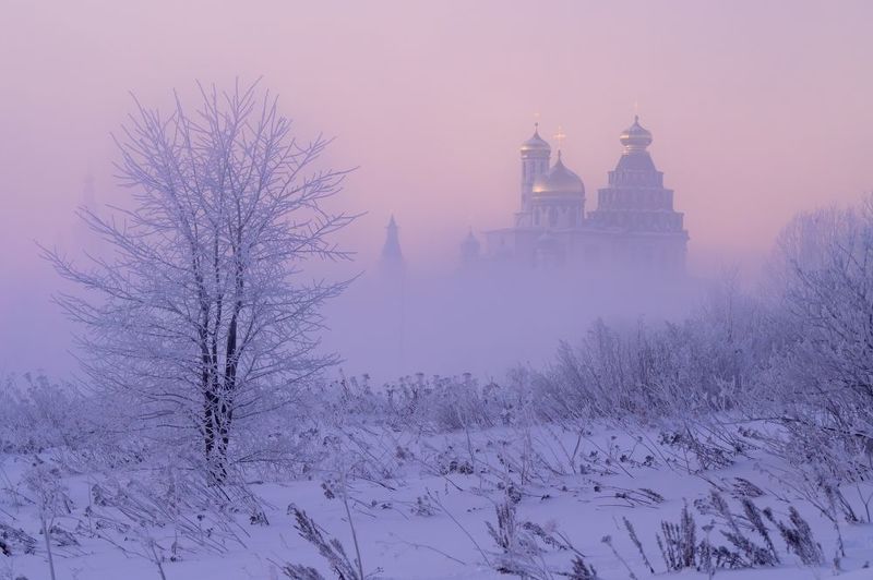 россия, истра, мороз, утро, зима, туман, храм, церковь, православие, монастырь, новый иерусалим Морозный рассвет фото превью