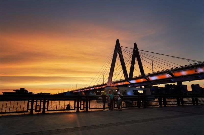 город, архитектура, мост, казань, вечер, закат, набережная Мост \