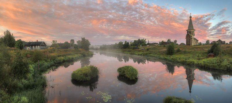 осень, утро, река, деревня, церковь  фото превью