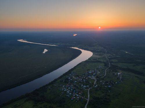 Село Кужба и закат над Вычегдой