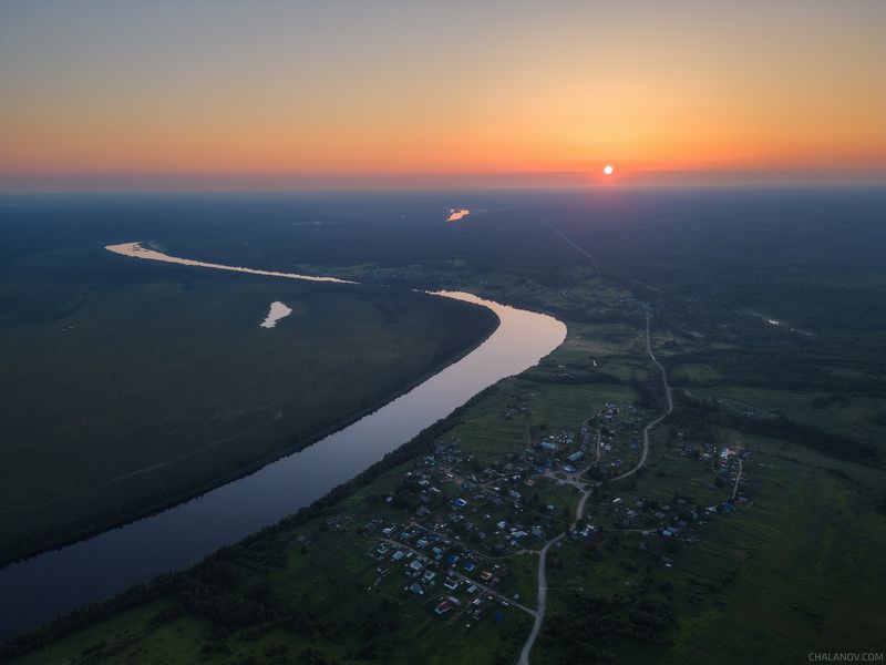 пейзаж, лето, болото, река, коми, север, тайга, закат, дрон, село Село Кужба и закат над Вычегдой фото превью