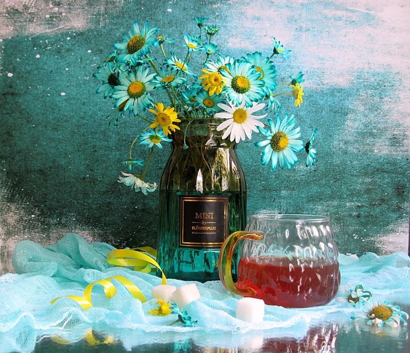 цветы, букет, ромашки Бирюзовый сюр фото превью