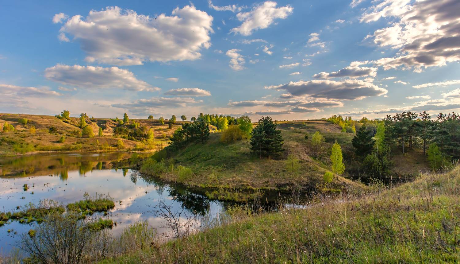 озеро холмы облака деревья весна, Бойков Алексей