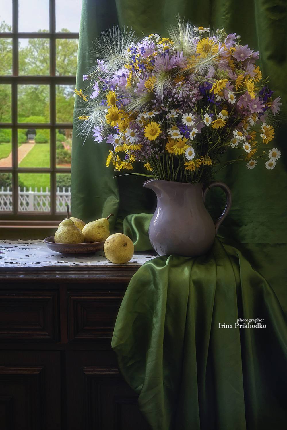 натюрморт, цветы, полевые, букет, фрукты, груши, Приходько Ирина