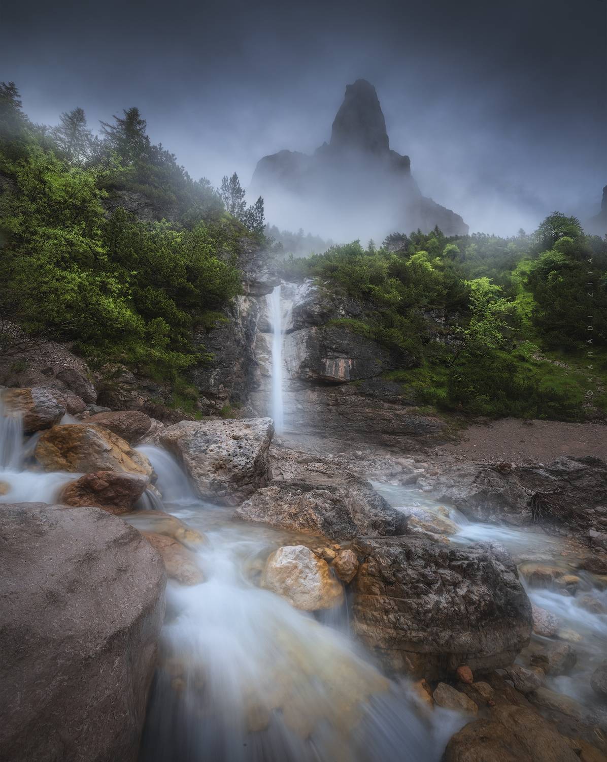 dolomiti, dolomites, sunrise, landscape, sky, sun, mountains, clouds, trees, italy, forest, waterfall, longexpo, Kar&aacute;di Zita