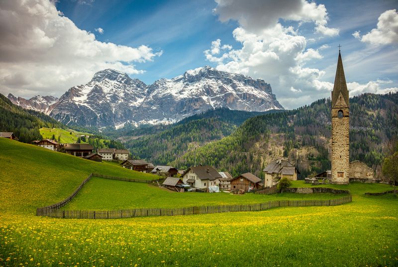 alps, mountains, italy, tower, castle, spring  фото превью