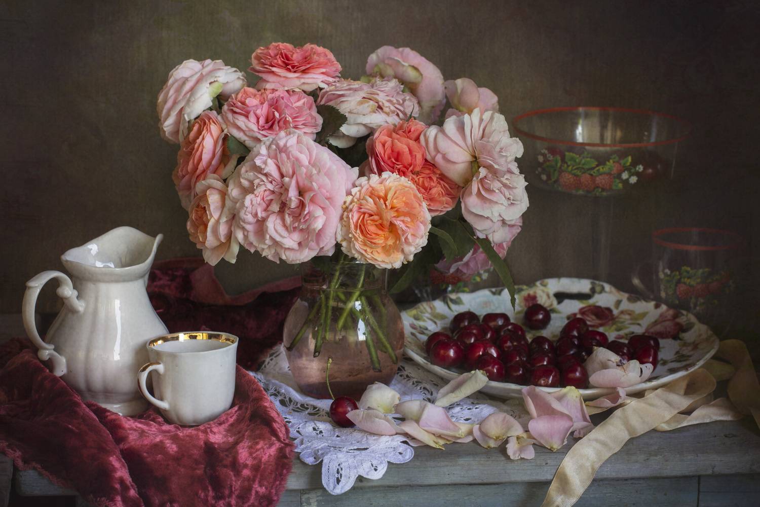 розы, вишня, натюрморт, романтика, Зимина Лионелла