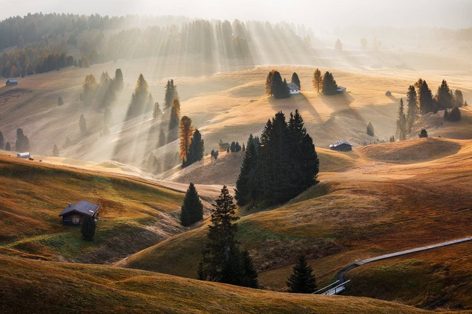 Alps, Autumn, Dolomites, Europe, Fall, Huts, Italy, Light, Meadow, Mountains, Trees, Martin Rak