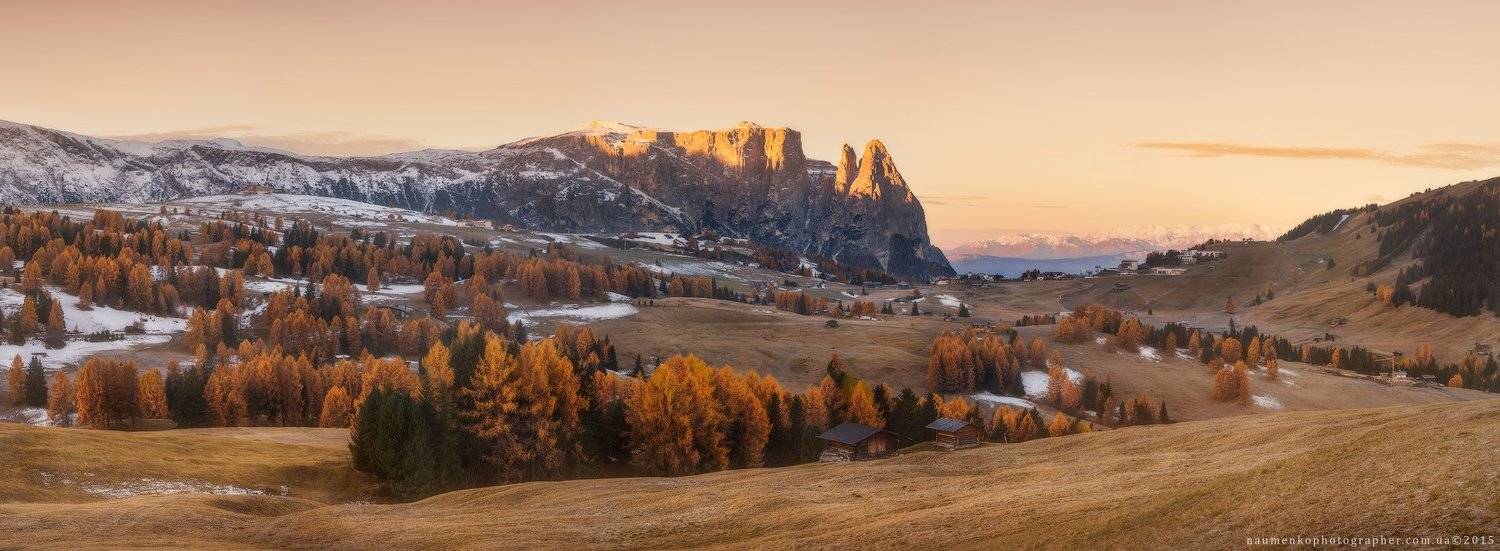 горы,доломиты,италия,лиственница,осень,панорама,свет,утро,alpe di siusi, Александр Науменко