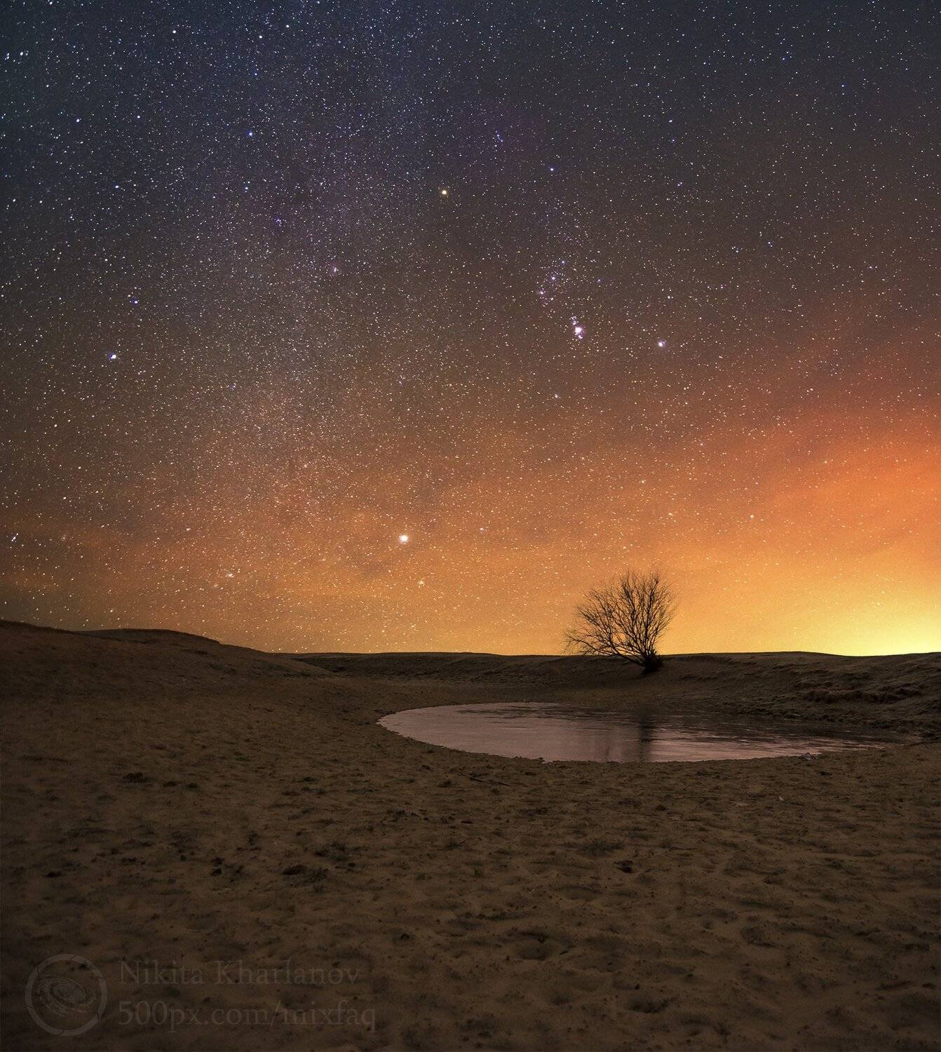 астрофото, астрономия, астрофотография, ночной пейзаж, Млечный путь, звездный путь, звезды, звездная ночь, звезда, созвездие, созвездие Ориона, Ригель, Сириус, облака, туманное небо, сияние атмосферы, ночной пейзаж, астропейзаж, одинокое дерево, дерево, к, Харланов Никита