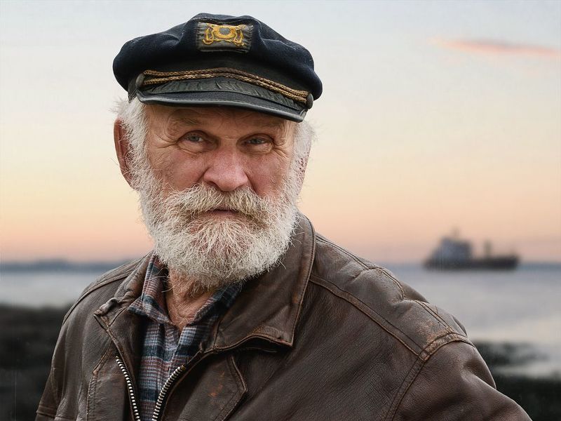 портрет, мужской, мужчина, лицо, кепка, борода, седая, мореход, фон Старый мореход фото превью