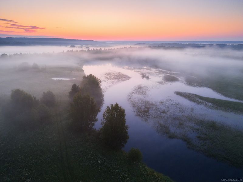 пейзаж, туман, рассвет, лето, дрон Предрассветные туманы фото превью