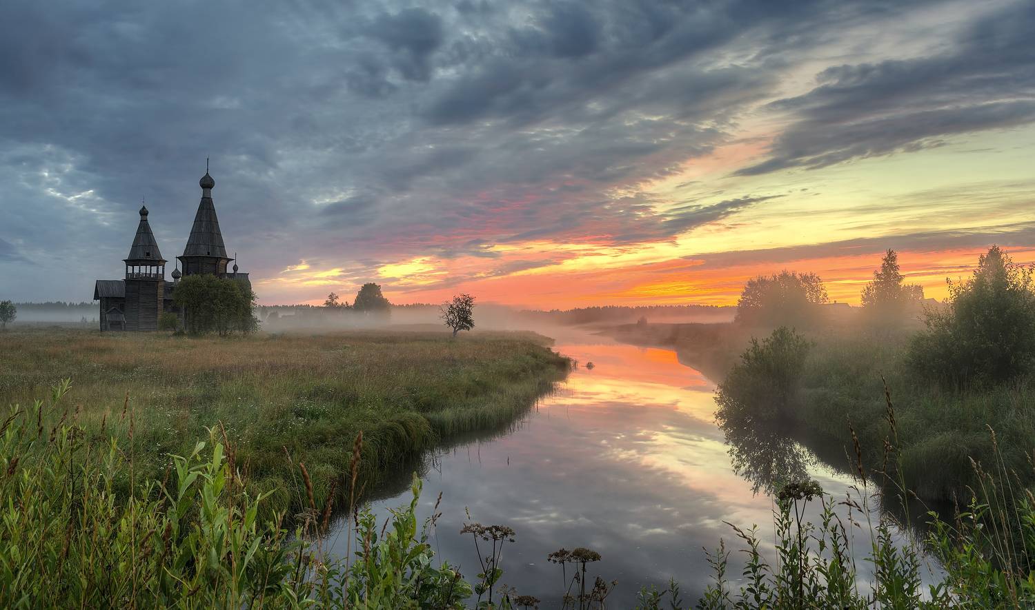 лето, утро, пруд, деревня, церковь, колокольня, Гармашов Сергей