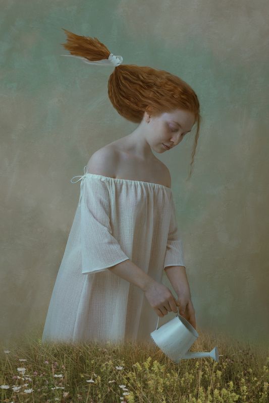 портрет, девушка, постановка, лейка, трава \