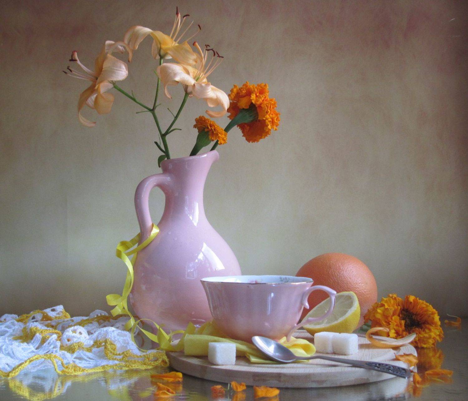 цветы, букет, лилия, бархатцы, Наталия Тихомирова