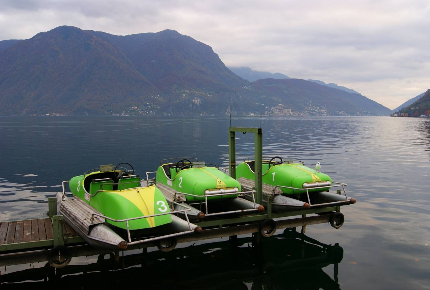 lake, shore, mountains, city, pier, boat,  Сергей Андреевич