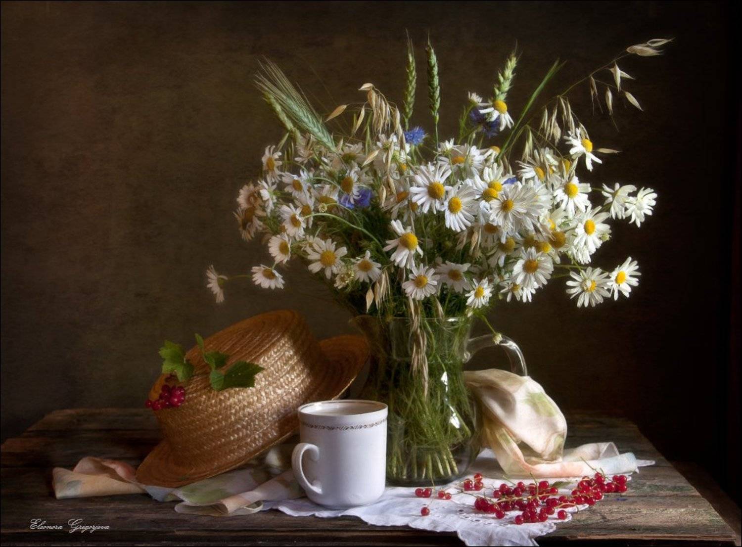 Лето, Летомолоко, Натюрморт, Ромашки, Смородина, Соломенная шляпка, Цветы, Eleonora Grigorjeva