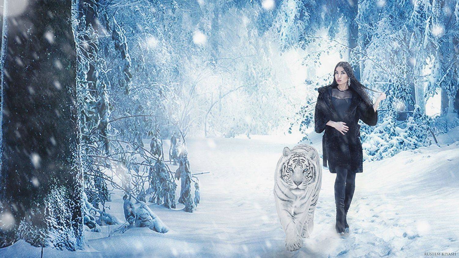 Девушка, Зима, Лес, Снег, Тигр, Рустем Кияш