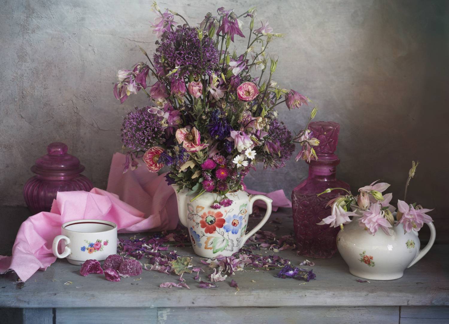 букет цветов, розовый,пур-пур, натюрморт, весна, Зимина Лионелла