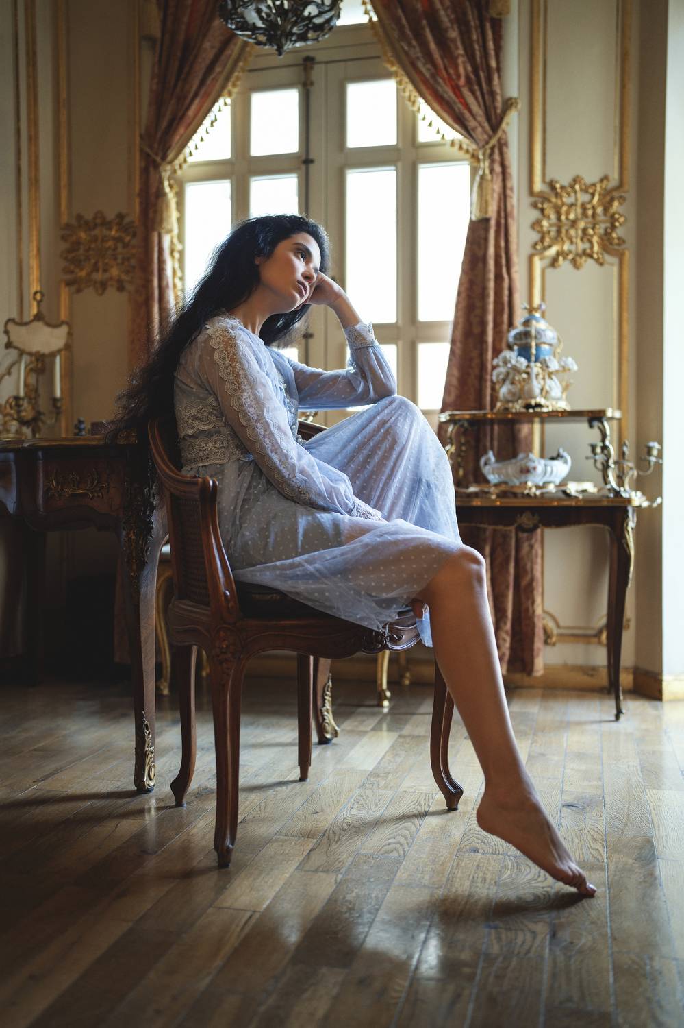 beautiful woman, beauty, chair, dreaminess, dress, elegance, fashion, female, femininity, grace, individuality, indoors, lifestyles, looking, one person, portrait, relaxation, rococo, sensuality, side view, sitting, table, vase, vintage, window, woman, Alex Tsarfin
