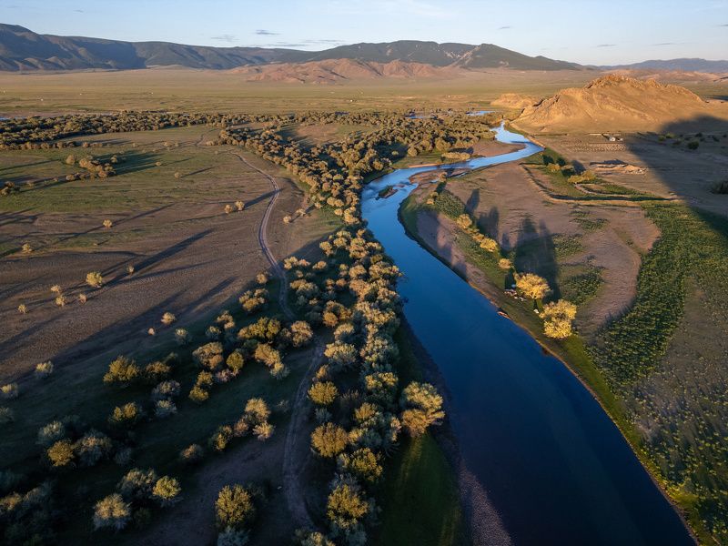 монголия, река, рассвет, горы, дорога, mongolia, river, sunrise, mountains, road  фото превью