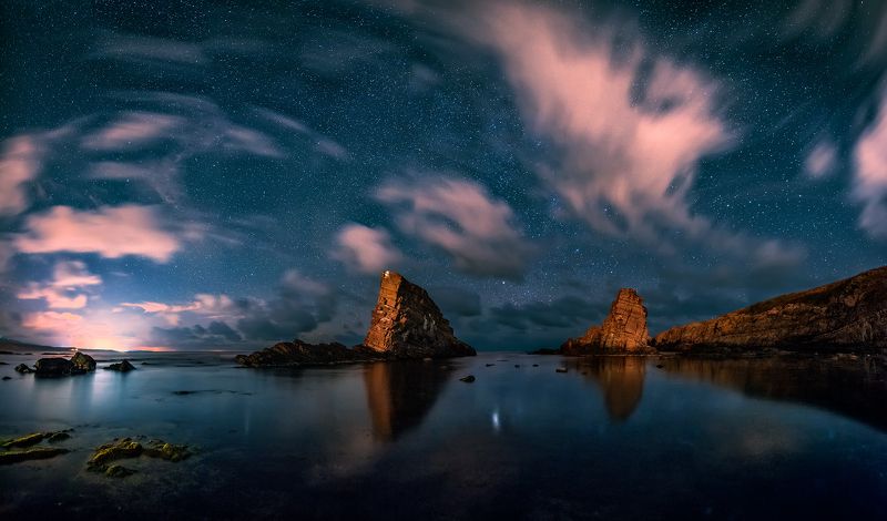 sea, rocks, landscape, night, stars, bulgaria, two ships Two ships: Night фото превью
