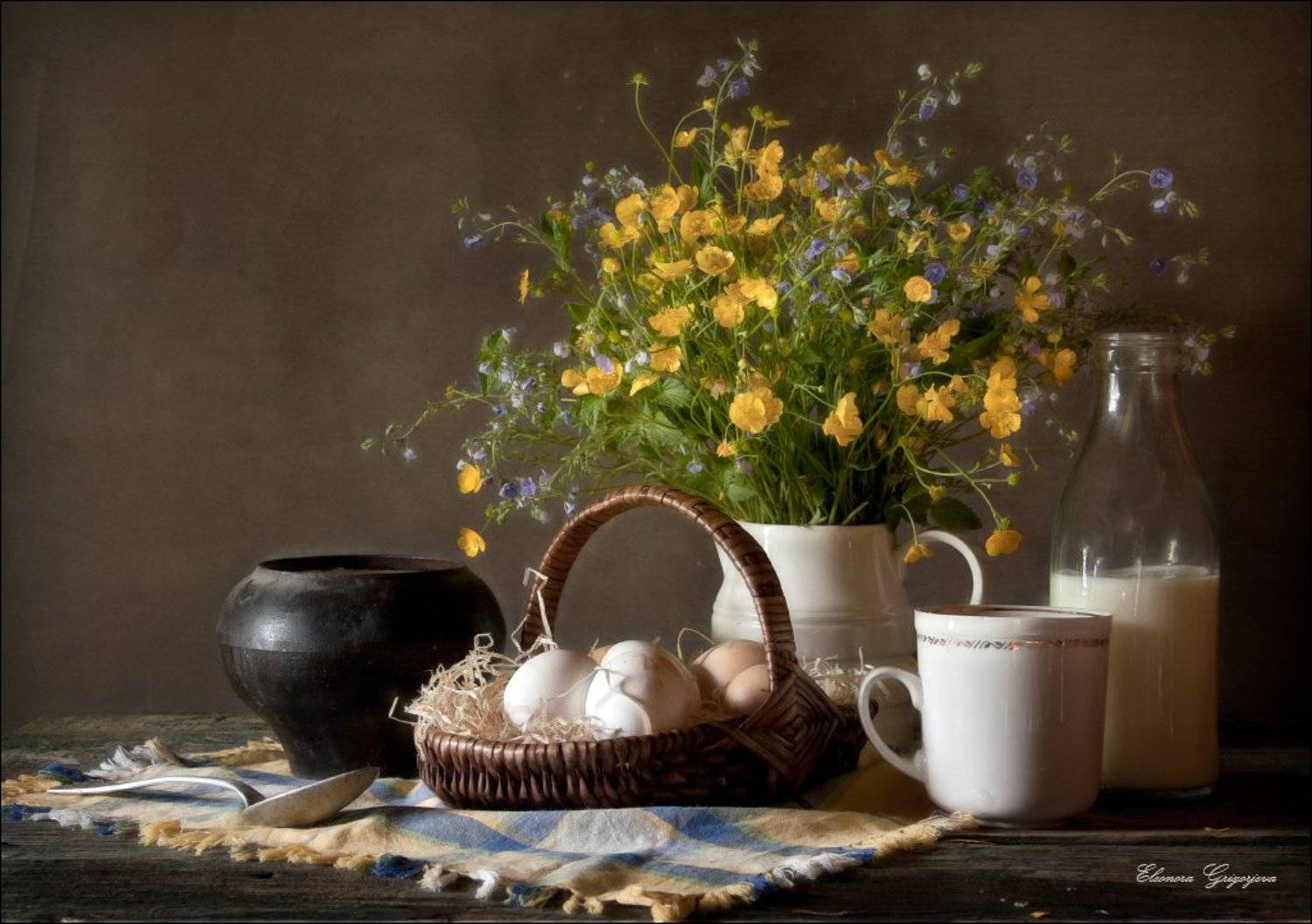 Вероника, Деревня, Лето, Лютики, Молоко, Натюрморт, Ретро, Яйца, Eleonora Grigorjeva