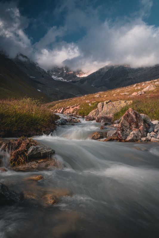 river, mountains, ossetia, sundown, outdoor, travel, landscape, long exposure, hiking Mamison river. фото превью