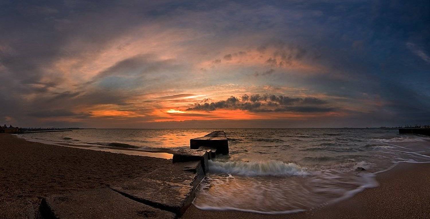 море, восход, волна, волнорез, город, пляж, dory