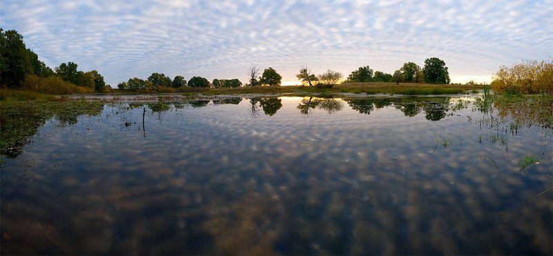 осень, озеро, рассвет, облака, деревья, панорама Рассвет на озере фото превью