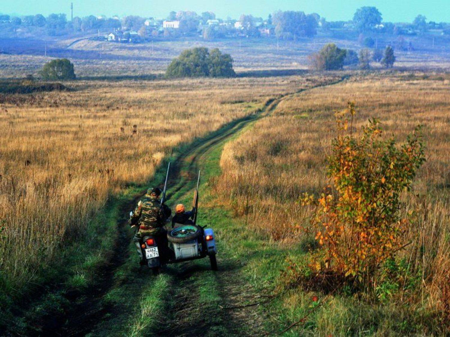 пейзаж, раннее утро, охотники, мотоцикл, Unikum