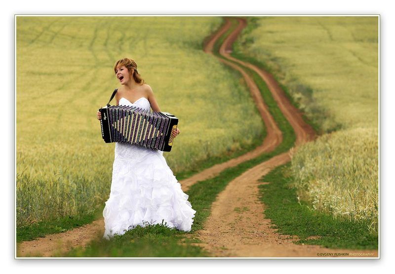 невеста, садьба, гармошка, поле Русская свадьба фото превью
