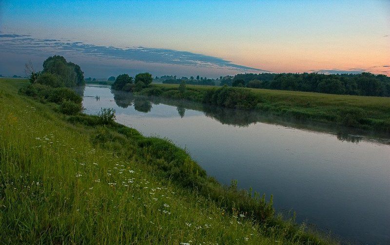 утро, лето, река, утреннее зеркало фото превью