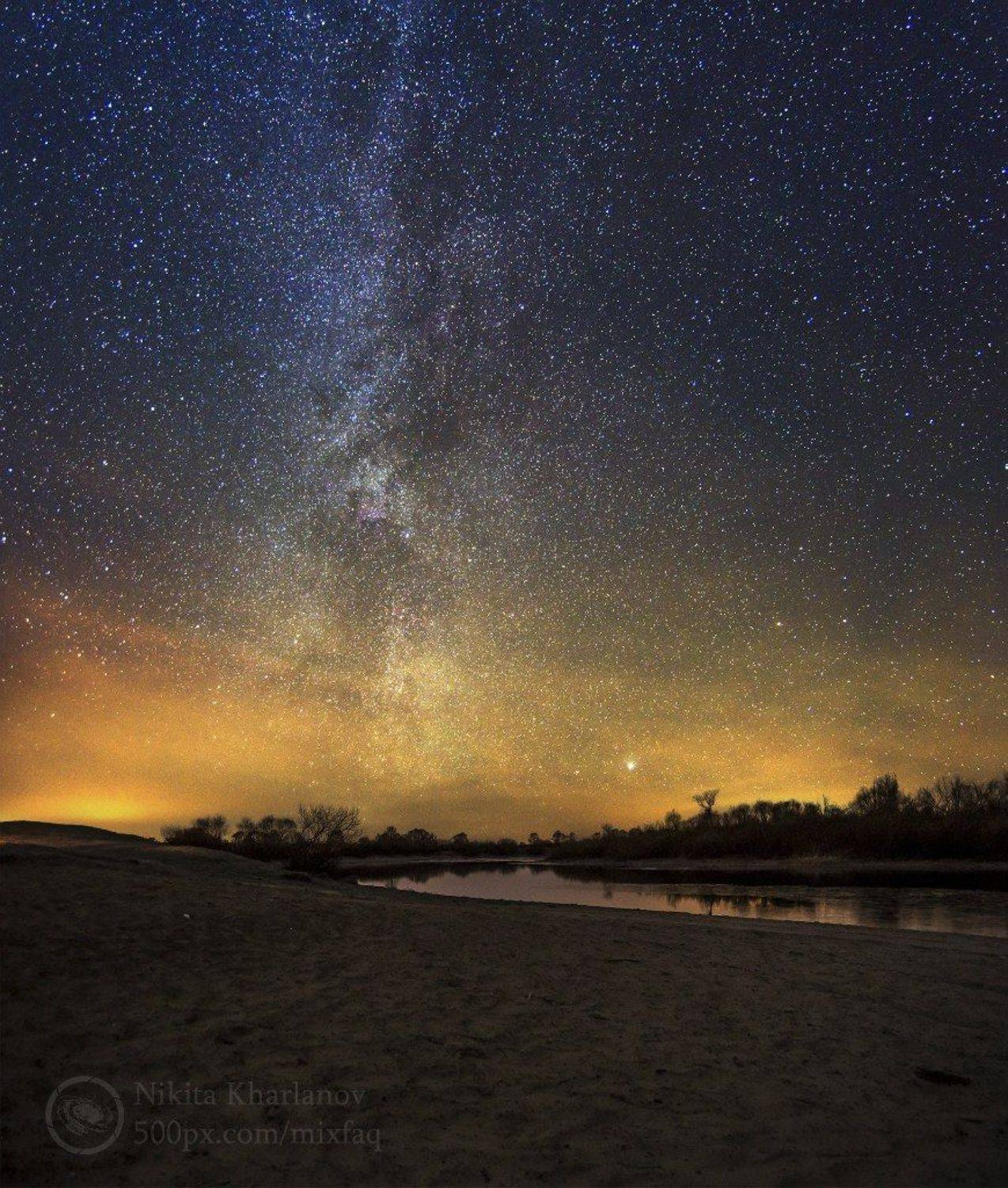 млечный путь, звезды, астрофото, ночь, ночной пейзаж, звездная ночь, небо, пляж, река, свет, яркий, Харланов Никита