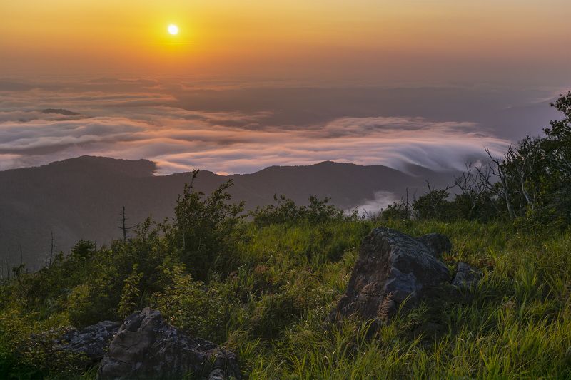Горы, туман, закат  фото превью